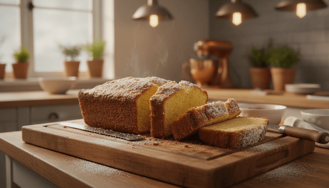 Sliced pound cake on a wooden board in a warm kitchen