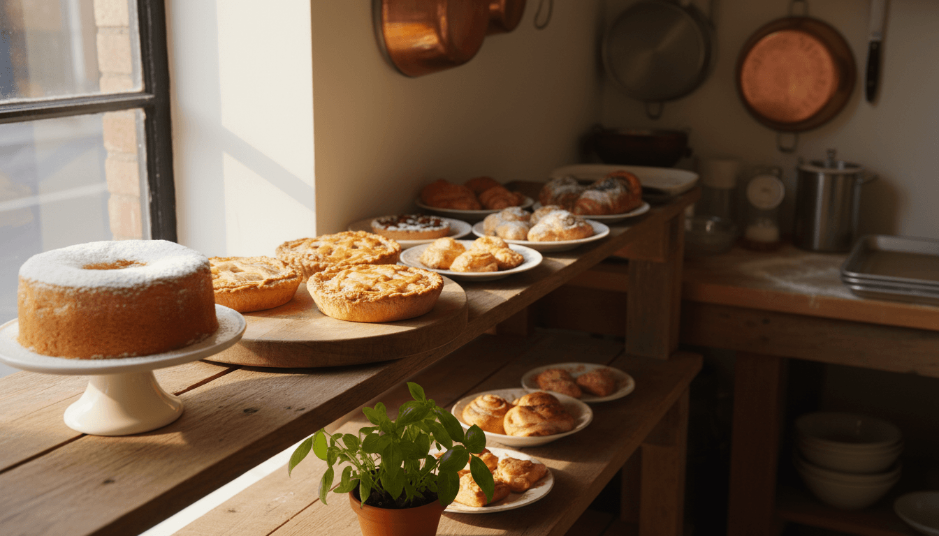 Freshly baked pound cakes and pies cooling on a rack in a cozy home bakery
