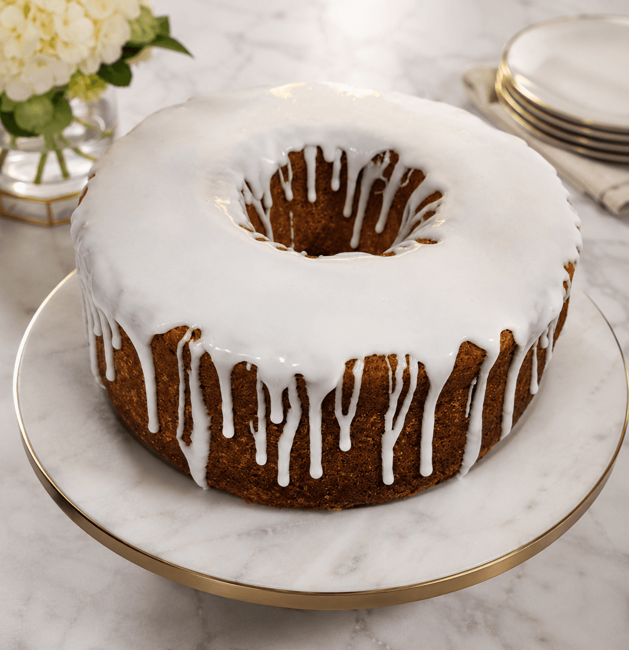 Golden bundt cake with thick white glaze dripping down the sides on a marble stand.