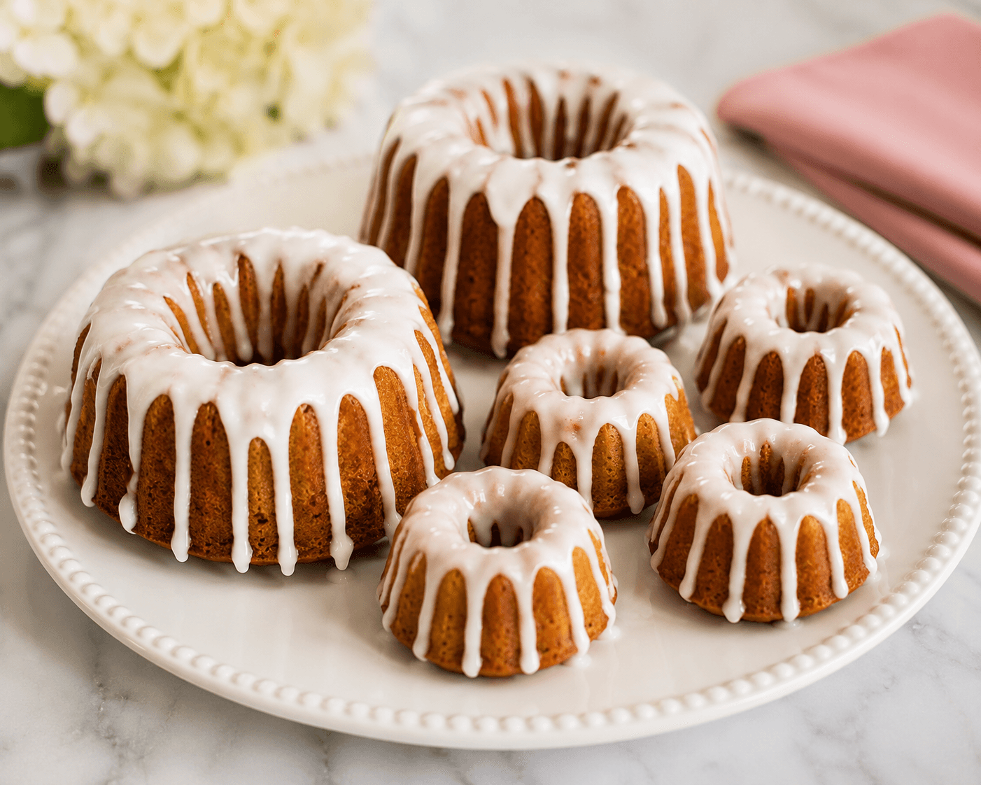 Assorted golden bundt cakes with white icing glaze on a white beaded serving plate.